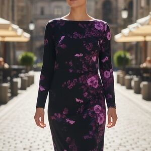 Chaps Black and Purple Floral Long Sleeve Dress